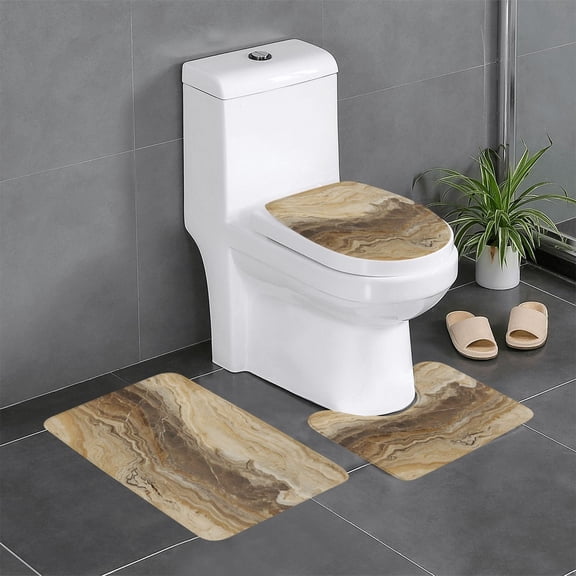 3 Piece Bathroom Rugs Set Flannel Non-Slip U-Shaped Mat For Toilet Absorbent Soft Bath Mat For Master Bath Kids Guest Suite Sandybrown Marble_4