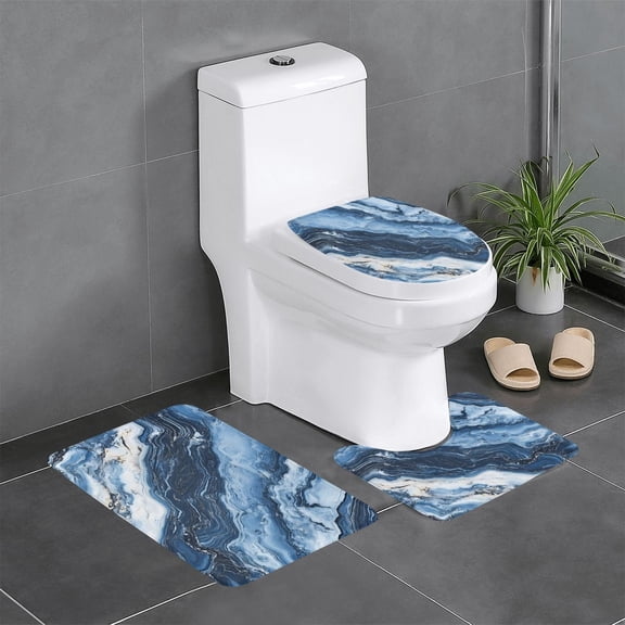 3 Piece Bathroom Rugs Set Flannel Non-Slip U-Shaped Mat For Toilet Absorbent Soft Bath Mat For Master Bath Kids Guest Suite Slateblue Marble_3