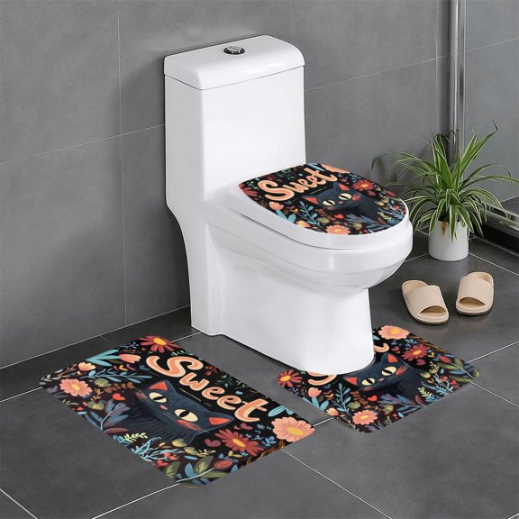 3 Piece Bathroom Rugs Set Flannel Non-Slip U-Shaped Mat For Toilet Absorbent Soft Bath Mat For Master Bath Kids Guest Suite Sweet Cat And Flower
