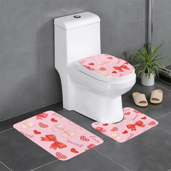 3 Piece Bathroom Rugs Set Flannel Non-Slip U-Shaped Mat For Toilet Absorbent Soft Bath Mat For Master Bath Kids Guest Suite Sweet Love Bow Heart Pink