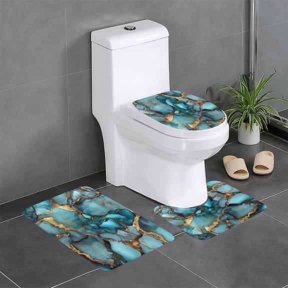 3 Piece Bathroom Rugs Set Flannel Non-Slip U-Shaped Mat For Toilet Absorbent Soft Bath Mat For Master Bath Kids Guest Suite Teal Gold Marble