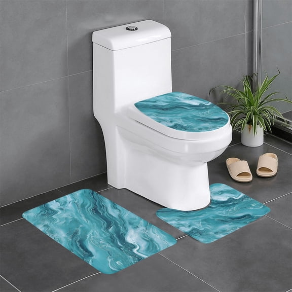3 Piece Bathroom Rugs Set Flannel Non-Slip U-Shaped Mat For Toilet Absorbent Soft Bath Mat For Master Bath Kids Guest Suite Teal Marble_3