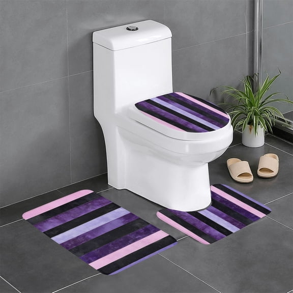 3 Piece Bathroom Rugs Set Flannel Non-Slip U-Shaped Mat For Toilet Absorbent Soft Bath Mat For Master Bath Kids Guest Suite Violet White Stripe_4