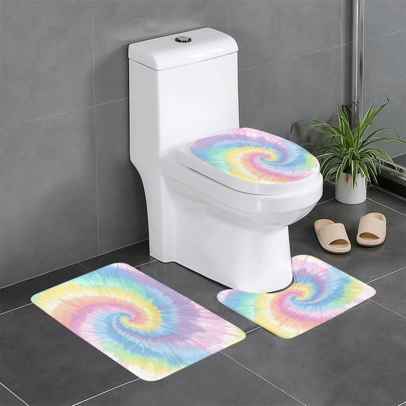 3 Piece Bathroom Rugs Set Flannel Non-Slip U-Shaped Mat For Toilet Absorbent Soft Bath Mat For Master Bath Kids Guest Suite Aliceblue Tie-Dye Background Rainbow Colors_3