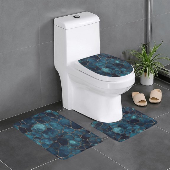 3 Piece Bathroom Rugs Set Flannel Non-Slip U-Shaped Mat For Toilet Absorbent Soft Bath Mat For Master Bath Guest Suite Animal Skin Print Style Darkturquoise_2