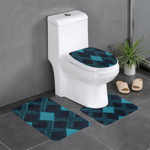 3 Piece Bathroom Rugs Set Flannel Non-Slip U-Shaped Mat For Toilet Absorbent Soft Bath Mat For Master Bath Guest Suite Argyle Plaid Darkturquoise_4