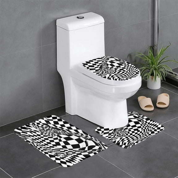 3 Piece Bathroom Rugs Set Flannel Non-Slip U-Shaped Mat For Toilet Absorbent Soft Bath Mat For Master Bath Guest Suite Black White Checked Hand-Drawn Sketch1