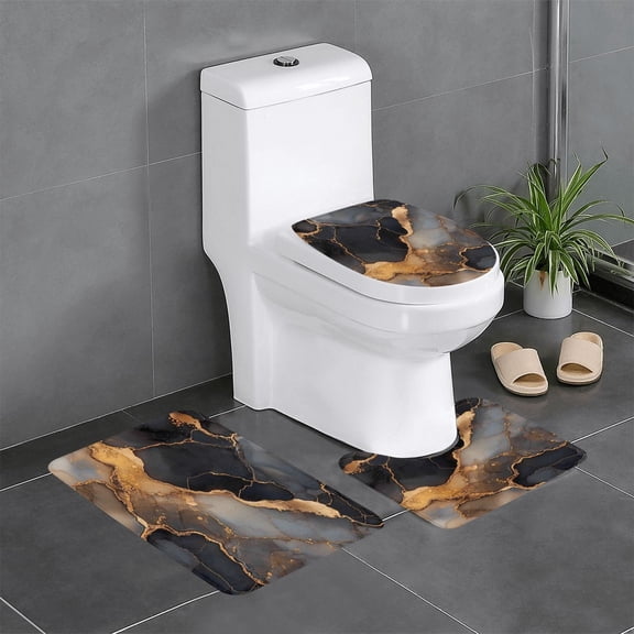 3 Piece Bathroom Rugs Set Flannel Non-Slip U-Shaped Mat For Toilet Absorbent Soft Bath Mat For Master Bath Guest Suite Black And White Gold Marble