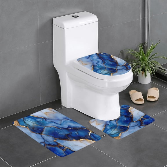 3 Piece Bathroom Rugs Set Flannel Non-Slip U-Shaped Mat For Toilet Absorbent Soft Bath Mat For Master Bath Kids Guest Suite Blue And White Gold Marble
