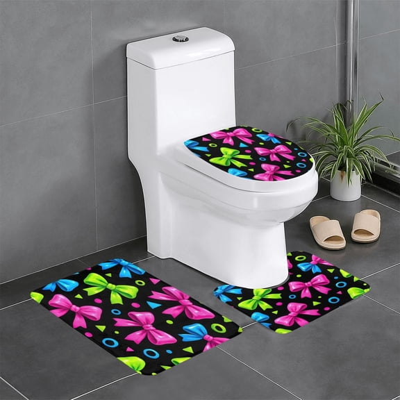 3 Piece Bathroom Rugs Set Flannel Non-Slip U-Shaped Mat For Toilet Absorbent Soft Bath Mat For Master Bath Guest Suite Bold Neon Contemporary Ribbon Bow Pattern