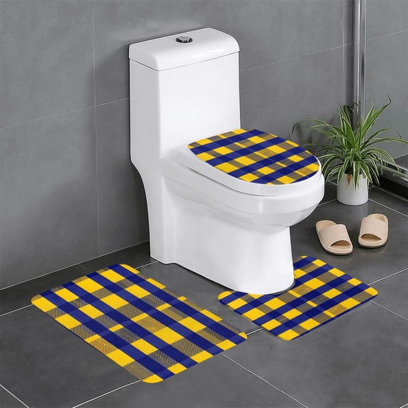 3 Piece Bathroom Rugs Set Flannel Non-Slip U-Shaped Mat For Toilet Absorbent Soft Bath Mat For Master Bath Guest Suite Buffalo Plaid Check Yellow Royal Blue