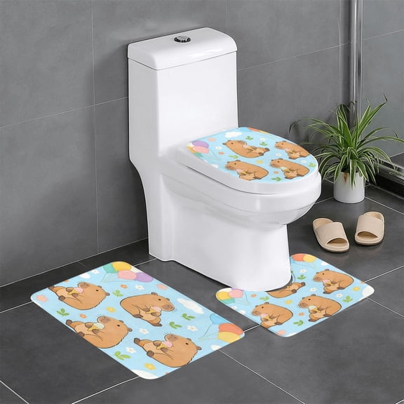 3 Piece Bathroom Rugs Set Flannel Non-Slip U-Shaped Mat For Toilet Absorbent Soft Bath Mat For Master Bath Kids Guest Suite Cute Capybara Flower Balloon Blue Background