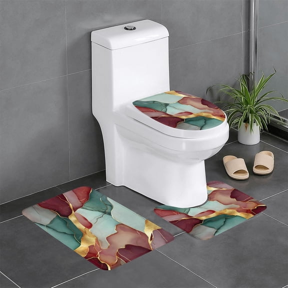 3 Piece Bathroom Rugs Set Flannel Non-Slip U-Shaped Mat For Toilet Absorbent Soft Bath Mat For Master Bath Guest Suite Deep Reddish-Brown Green Golden Marble