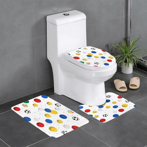 3 Piece Bathroom Rugs Set Flannel Non-Slip U-Shaped Mat For Toilet Absorbent Soft Bath Mat For Master Bath Guest Suite Geometric Sports Balls Bright Multicolor Minimalist Vector