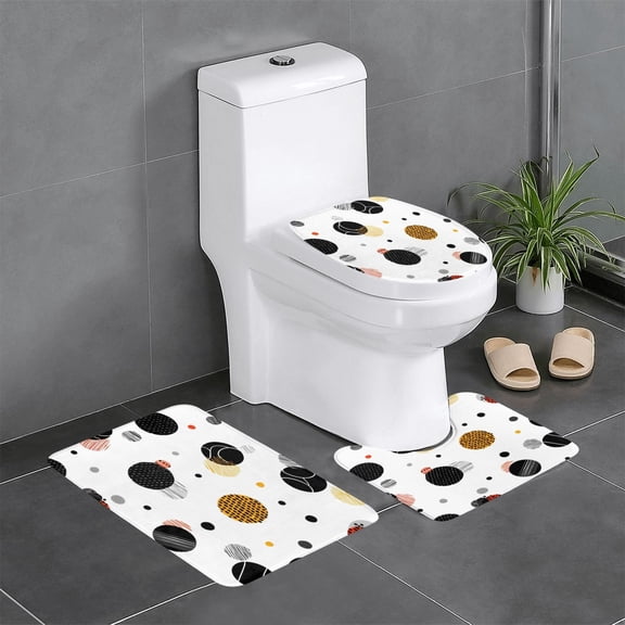 3 Piece Bathroom Rugs Set Flannel Non-Slip U-Shaped Mat For Toilet Absorbent Soft Bath Mat For Master Bath Guest Suite Geometric Sports Balls Minimalist Vector White Background