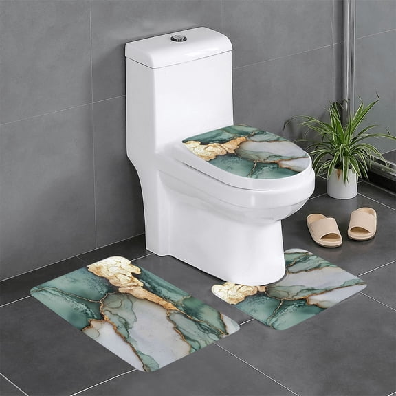 3 Piece Bathroom Rugs Set Flannel Non-Slip U-Shaped Mat For Toilet Absorbent Soft Bath Mat For Master Bath Guest Suite Green And White Gold Marble