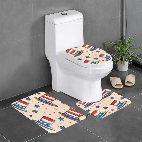 3 Piece Bathroom Rugs Set Flannel Non-Slip U-Shaped Mat For Toilet Absorbent Soft Bath Mat For Master Bath Guest Suite Independence Day Theme Elements Star (5)