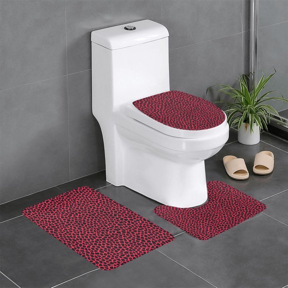 3 Piece Bathroom Rugs Set Flannel Non-Slip U-Shaped Mat For Toilet Absorbent Soft Bath Mat For Master Bath Guest Suite Leopard Print Pattern Red And Black_3