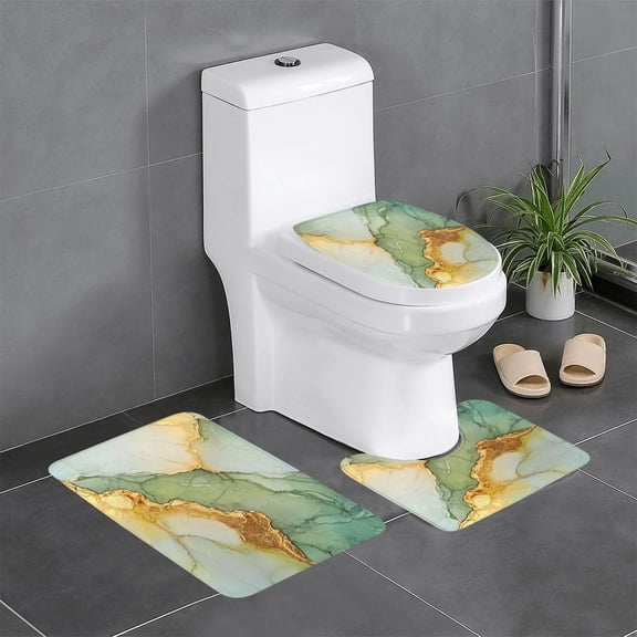 3 Piece Bathroom Rugs Set Flannel Non-Slip U-Shaped Mat For Toilet Absorbent Soft Bath Mat For Master Bath Kids Guest Suite Light Green And White Gold Marble