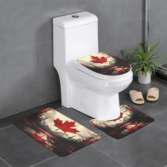 3 Piece Bathroom Rugs Set Flannel Non-Slip U-Shaped Mat For Toilet Absorbent Soft Bath Mat For Master Bath Guest Suite Maple Leaf Snow Mountain Shrub