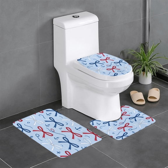 3 Piece Bathroom Rugs Set Flannel Non-Slip U-Shaped Mat For Toilet Absorbent Soft Bath Mat For Master Bath Guest Suite Nautical Theme Thin Ribbon Bow Pattern