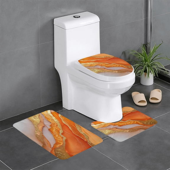 3 Piece Bathroom Rugs Set Flannel Non-Slip U-Shaped Mat For Toilet Absorbent Soft Bath Mat For Master Bath Guest Suite Orange And White-Gold Marble