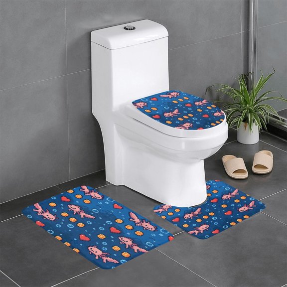 3 Piece Bathroom Rugs Set Flannel Non-Slip U-Shaped Mat For Toilet Absorbent Soft Bath Mat For Master Bath Guest Suite Retro Pixel Axolotls - 8-Bit Nostalgia
