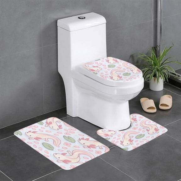 3 Piece Bathroom Rugs Set Flannel Non-Slip U-Shaped Mat For Toilet Absorbent Soft Bath Mat For Master Bath Guest Suite Sakura Pond Axolotls - Japanese Pastel