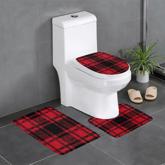 3 Piece Bathroom Rugs Set Flannel Non-Slip U-Shaped Mat For Toilet Absorbent Soft Bath Mat For Master Bath Guest Suite Seamless Pattern Of Red And Black Plaid