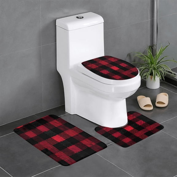 3 Piece Bathroom Rugs Set Flannel Non-Slip U-Shaped Mat For Toilet Absorbent Soft Bath Mat For Master Bath Guest Suite A Seamless Pattern Of Red And Black Plaid