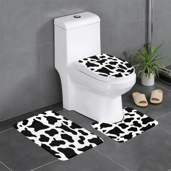 3 Piece Bathroom Rugs Set Flannel Non-Slip U-Shaped Mat For Toilet Absorbent Soft Bath Mat For Master Bath Kids Guest Suite Simple Cow Print Pattern, Vector Art Style_4