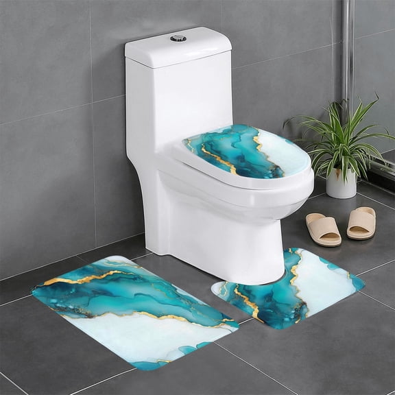 3 Piece Bathroom Rugs Set Flannel Non-Slip U-Shaped Mat For Toilet Absorbent Soft Bath Mat For Master Bath Guest Suite Skyblue And White Gold Marble
