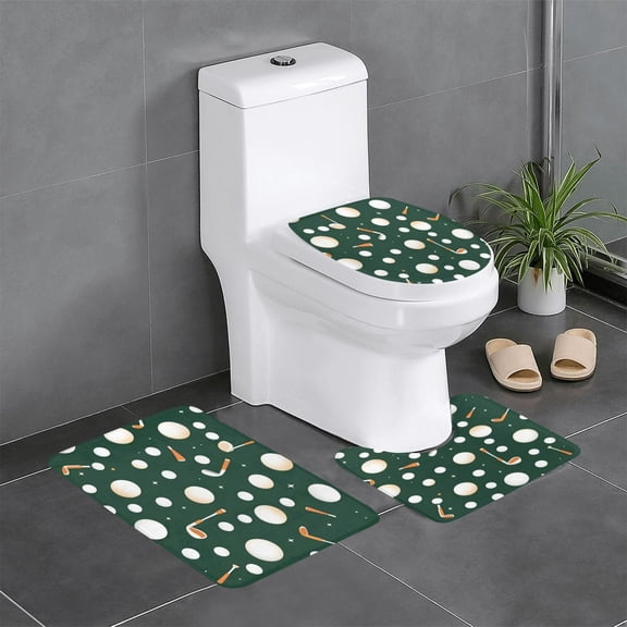 3 Piece Bathroom Rugs Set Flannel Non-Slip U-Shaped Mat For Toilet Absorbent Soft Bath Mat For Master Bath Guest Suite Smoothly Seamless Golf Pattern