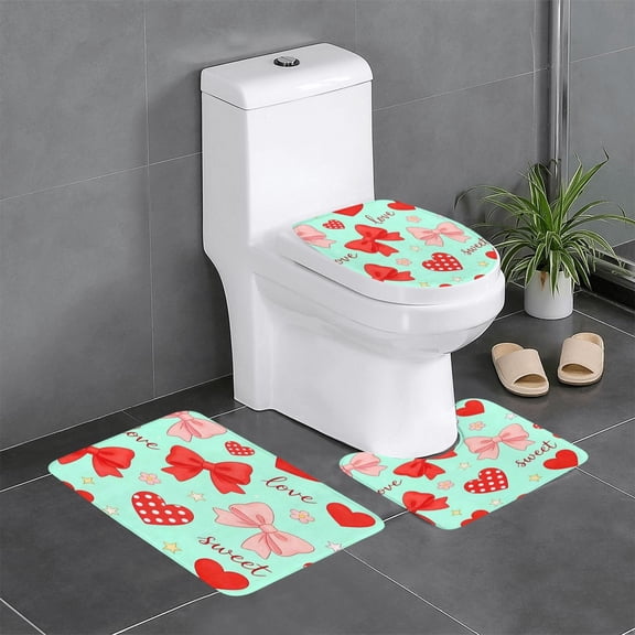 3 Piece Bathroom Rugs Set Flannel Non-Slip U-Shaped Mat For Toilet Absorbent Soft Bath Mat For Master Bath Kids Guest Suite Sweet Love Bow Heart Green