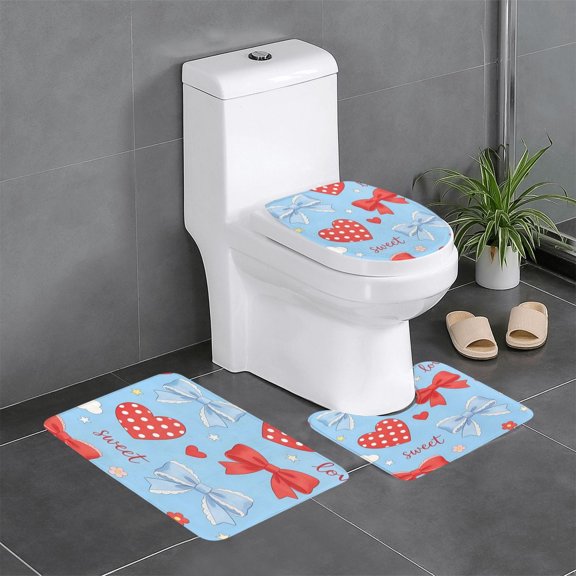 3 Piece Bathroom Rugs Set Flannel Non-Slip U-Shaped Mat For Toilet Absorbent Soft Bath Mat For Master Bath Guest Suite Sweet Love Bow Heart Skyblue