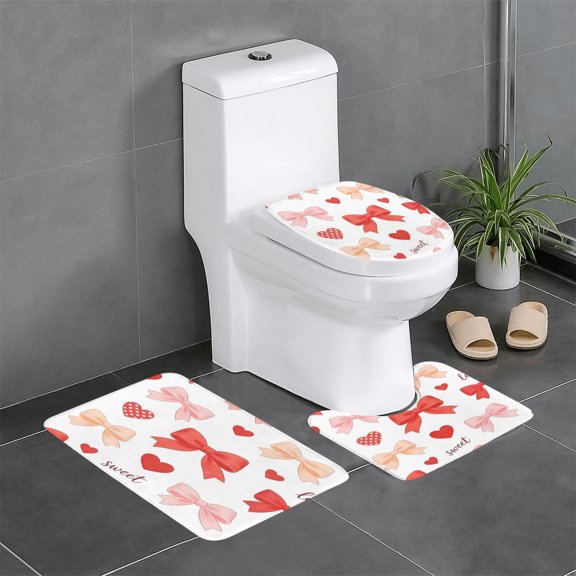 3 Piece Bathroom Rugs Set Flannel Non-Slip U-Shaped Mat For Toilet Absorbent Soft Bath Mat For Master Bath Kids Guest Suite Sweet Love Bow Heart White