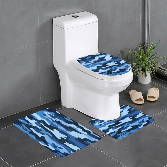 3 Piece Bathroom Rugs Set Flannel Non-Slip U-Shaped Mat For Toilet Absorbent Soft Bath Mat For Master Bath Kids Guest Suite Vector Camouflage Pattern Blue_1