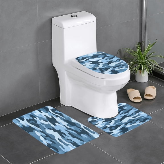 3 Piece Bathroom Rugs Set Flannel Non-Slip U-Shaped Mat For Toilet Absorbent Soft Bath Mat For Master Bath Kids Guest Suite Vector Camouflage Pattern Blue_3