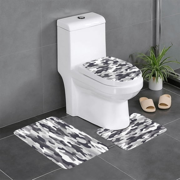 3 Piece Bathroom Rugs Set Flannel Non-Slip U-Shaped Mat For Toilet Absorbent Soft Bath Mat For Master Bath Kids Guest Suite Vector Camouflage Pattern Gray_4