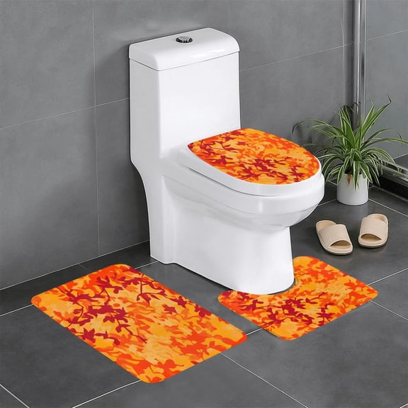 3 Piece Bathroom Rugs Set Flannel Non-Slip U-Shaped Mat For Toilet Absorbent Soft Bath Mat For Master Bath Guest Suite Vector Camouflage Pattern Orange Red_3