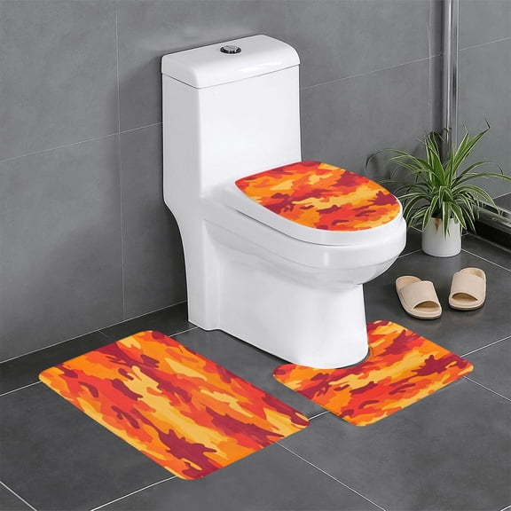 3 Piece Bathroom Rugs Set Flannel Non-Slip U-Shaped Mat For Toilet Absorbent Soft Bath Mat For Master Bath Guest Suite Vector Camouflage Pattern Orange Red_4