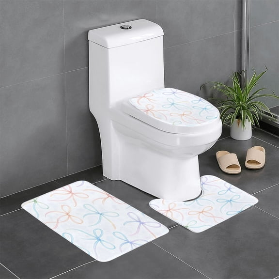 3 Piece Bathroom Rugs Set Flannel Non-Slip U-Shaped Mat For Toilet Absorbent Soft Bath Mat For Master Bath Kids Guest Suite Watercolor Thin Rainbow Ribbon Bow Pattern