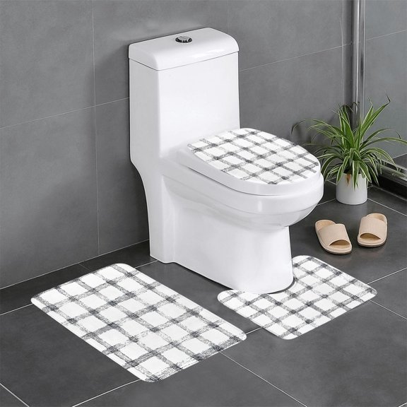 3 Piece Bathroom Rugs Set Flannel Non-Slip U-Shaped Mat For Toilet Absorbent Soft Bath Mat For Master Bath Guest Suite White Checked Hand-Drawn Sketch
