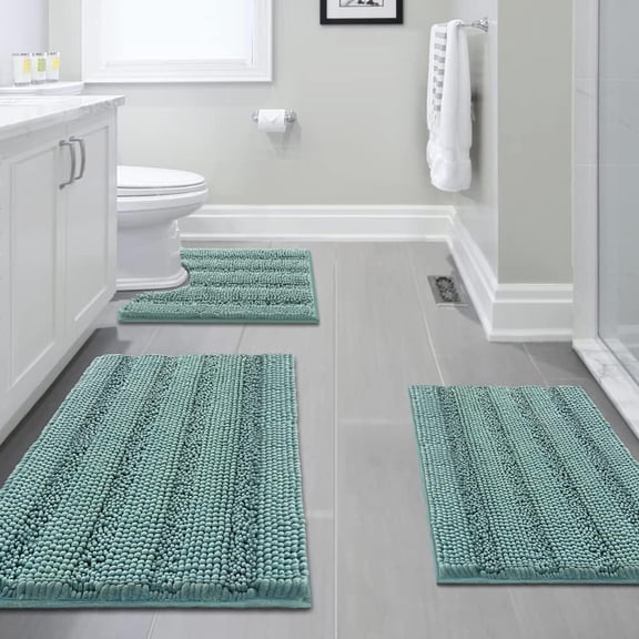 3 Piece Bathroom Rugs Sets Thick Striped Bath Rugs Set for Bathroom Non Slip Soft Absorbent Bath Mat Set for Tub, Shower and Toilet(17''x24''+20''x32''+20''x24'' U-Shaped, Eggshell Blue)