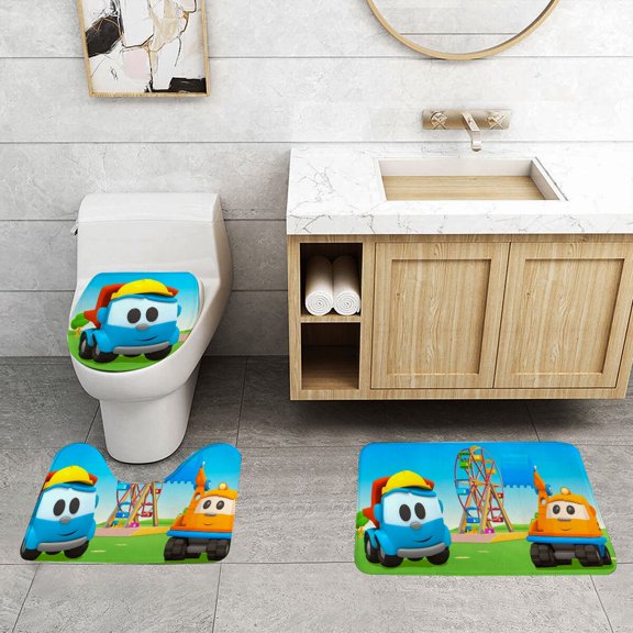 3 Piece Bathroom Rugs Sets for Leo The Truck Quick Dry & Non-Slip Bath Mat Set Toilet Lid Cover Floor Mat