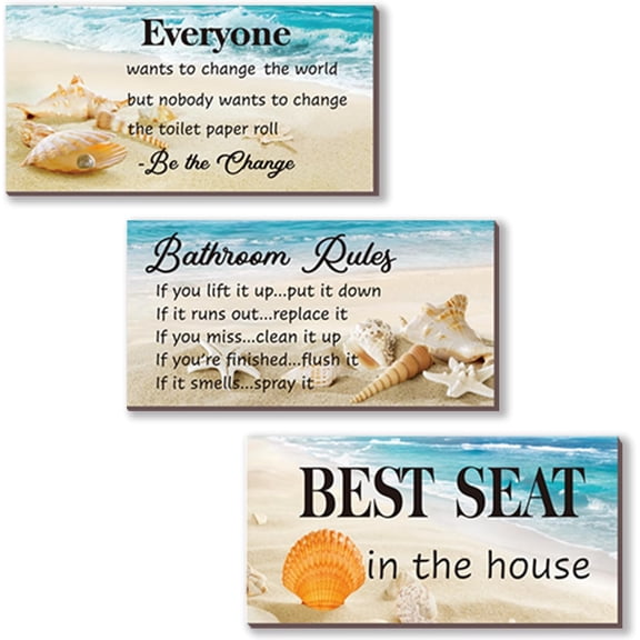 3-Piece Bathroom Rules Wall Art - Funny Ocean Beach Rules Signs - Best Seat in The House - Toilet Wall Decor (10x5 inch)