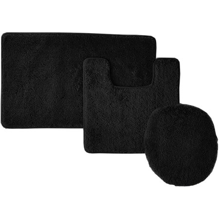 3 Piece Bathroom Set Solid Colors - Bath Mat   Contour Rug   Toilet Lid Cover- Soft Rug (Black)