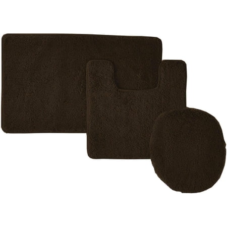 3 Piece Bathroom Set Solid Colors - Bath Mat   Contour Rug   Toilet Lid Cover- Soft Rug (Brown)