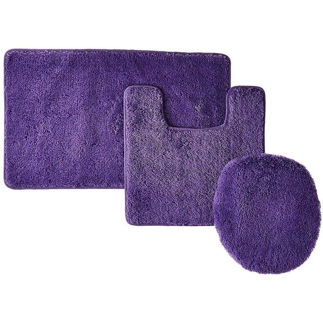 3 Piece Bathroom Set Solid Colors - Bath Mat + Contour Rug + Toilet Lid ...