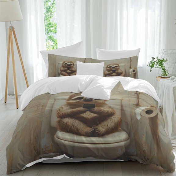 3 Piece Bathroom Sloth Duvet Cover Set California King, Microfiber Comforter/Quilt Cover with Corner Ties and 2 Pillowcases, Toilet Animals Vintage All Season Soft Bedding with Zipper Closure